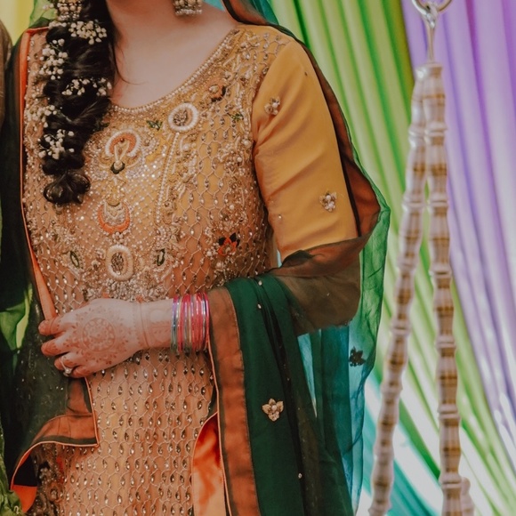 Indian Pakistani Bridal Mehndi Jamawar Lehenga Kameez Dress - Picture 5 of 8